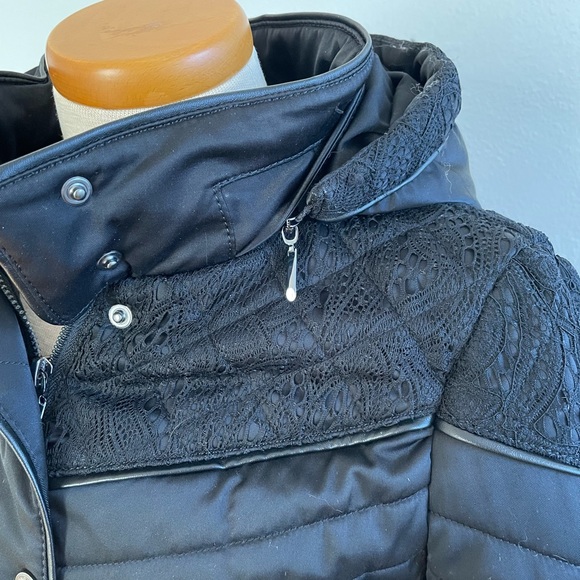 WHBM Quilted Black Insulated Winter Coat with Lace Detail, Down-Filled - Picture 8 of 12